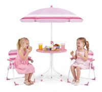 COSTWAY Set de Mesa Picnic Infantil de 4 Piezas, Mesa Infantil de Exterior con 2 Sillas Plegables y Sombrilla de Altura Ajustable, Mesita Redonda y Sillones para Niños 3-6 Años (Rosa)