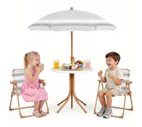 COSTWAY Set de Mesa Picnic Infantil de 4 Piezas, Mesa Infantil de Exterior con 2 Sillas Plegables y Sombrilla de Altura Ajustable, Mesita Redonda y Sillones para Niños 3-6 Años (Caqui)