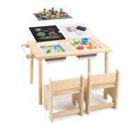 COSTWAY Set de Mesa y Silla Infantil con Encimera Doble Cara (con 2 Sillas) | Mesa Sensorial con Altura Ajustable, 2 Cubos, 2 Bases para Bloques y Rollo de Papel, Conjunto de Actividades Niños 3+ Años