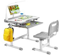 COSTWAY Set Escritorio y Silla para Niños +6 Años, Pupitres Infantil Altura Ajustable y Reclinable, Escritorio Infantil con Luz LED, Atril para Libros, Portalápices, 64X49X52-79cm (Gris Estilo 2)
