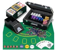 COSTWAY Set Maletin de Poker de 300 Fichas, Juego de Póquer de Casino, 2 Barajas de Cartas, 5 Dados y 3 Botones de Distribuidor, Fieltro de Póquer, Barajador Automático de Cartas (300 Piezas)