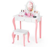 COSTWAY Set Mesa Tocador y Taburete para Niños, Mesa Maquillaje Princesas para Niñas con Espejo Giratorio a 360° y 3 Cajones, Set Tocador Multifuncional con Parte Superior Removible (Blanco)