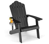 COSTWAY Silla Adirondack con Portavasos, Sillas para Hogueras, Resistente a la Intemperie, Grano de Madera Realista, Facíl de Montaje, Silla de Exterior para Patio, Jardín, Terraza (Negro)