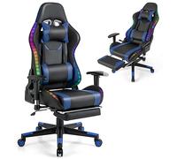 COSTWAY Silla Gaming, Silla Gamer con Luces LED RGB, Silla de Oficina Ergonómica con Altura Ajustable, Respaldo y Reposabrazos, Reposapiés Retráctil y Soporte Lumbar (Azul)