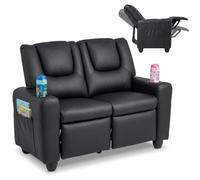 COSTWAY Sofá Infantil Reclinable de 2 Plazas, Cuero Artificial, Negro | Sillón para Niños con Reposapiés Retráctil, 2 Portavasos y 2 Bolsillos Laterales, Sofá de Lectura para Niños 3+ Años