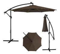 COSTWAY Sombrilla Inclinable Terraza Exterior Ø300 cm con Luces Solares LED 112, Parasol Excéntrico con Soporte, Manivela, 8 Costillas, Protección UV, para Piscina, Jardin, Playa (café)
