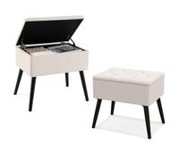COSTWAY Taburete con Almacenaje, Otomana de Terciopelo con Patas de Madera Maciza y Asiento Acolchado Abatible, Taburete Tocador, 53,5 x 38 x 46,5 cm, Carga 150kg (Beige)