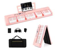 COSTWAY Teclado de Piano Plegable de 61 Teclas, 128 Tonos y 128 Ritmos, Piano Electrónico con Auriculares, Pedal de Sustain, Teclado Digital Portátil con Bolsa Transporte para Principiantes (Rosa)