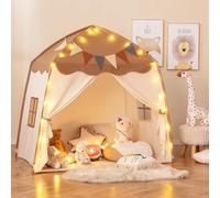 COSTWAY Tienda de Campaña Infantil, Carpa para Niños Portátil, Tipi Infantil con Banderines y Luces de Cadena, Casita de Juegos Grande para Niños, Tienda Infantil con Ventanas (Marrón)
