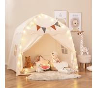 COSTWAY Tienda de Campaña Infantil, Carpa para Niños Portátil, Tipi Infantil con Banderines y Luces de Cadena, Casita de Juegos Grande para Niños, Tienda Infantil con Ventanas (Beige)