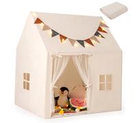 COSTWAY Tienda de Campaña Infantil, Casita Infantil Tela con Alfombra Acolchada, Banderas, Luces de Cadena de Globo, Ventanas, Tipi Interior para Niños de 3-14 Años (2 Ventanas)