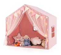 COSTWAY Tienda de Campaña Infantil, Tienda Tipi Infantil con 2 Cortinas de Tela y Malla, Luces de Estrellas, 2 Ventanas Transpirables, Almohadilla de Algodón, Casita Niños Tela para 3-4 Niños (Rosa)