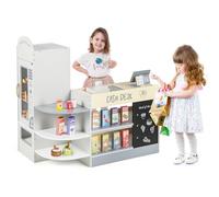 COSTWAY Tienda Infantil de Comestibles, Juguete de Madera de Supermercado con Caja Registradora, Máquina POS, Máquina Expendedora, Pizarra para Escribir, Cajero de Juguete para Niños 3-8 Años (Gris)
