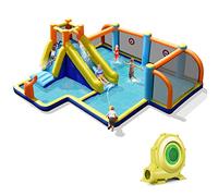 COSTWAY Tobogán Acuático Inflable con Tema Fútbol, Casa Inflable con Compresor, Tobogán Inflable Mojado Seco con Piscina, Pared para Escalar, Doble Hidrante, Zona para Fútbol, Soplador