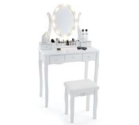 COSTWAY Tocador con iluminación LED, 3 Colores con Brillo Ajustable, tocador con Taburete, Espejo Giratorio, 5 cajones y Rejilla, Color Blanco