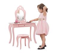 COSTWAY Tocador con Taburete y Espejo para Niña de Madera 70x57x105 centímetros Mesa de Maquillaje con Cajón (Rosa)