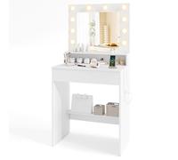 COSTWAY Tocador de Maquillaje con Estación de Carga, Mesa de Maquillaje Pequeño con Espejo y Luz Ajustable, Vanity de Maquillaje con Estantes y Cajón Dormitorio, 66 x 40 x 136 cm, Blanco
