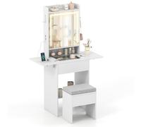COSTWAY Tocador de Maquillaje con Estación de Carga, Mesa de Maquillaje Pequeño con Espejo y Taburete, Mesa Tocador con Cajones, Paneles Plegables, Tapa de Cristal Visible, 50 x 41 x 147 cm, Blanco