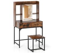 COSTWAY Tocador de Maquillaje con Estación de Carga, Tocador de Maquillaje con Eepejo y Taburete, Cajones, Estantes Abiertos, Dressing Table Moderno Dormitorio, 80 x 50 x 138 cm (café)