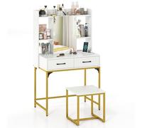 COSTWAY Tocador de Maquillaje con Estación de Carga, Tocador de Maquillaje con Eepejo y Taburete, Cajones, Estantes Abiertos, Dressing Table Moderno Dormitorio, 80 x 50 x 138 cm (Blanco)