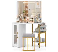 COSTWAY Tocador de Maquillaje con Luz, 108 x 50 cm, Estación de Carga, Mesa Tocador de Esquina con Taburete, Triple Espejo, Vanity de Maquillaje con Estantes Abiertos y Armario, Dormitorio, Blanco