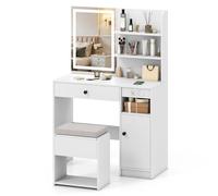 COSTWAY Tocador de Maquillaje con Luz Espejo y Taburete, Estación de Carga, 3 Modos de Luz, Vanity Maquillaje con Cajon Armario y Estante Ajustable, Grande Dormotorio, Blanco, 90 x 40 x 135,5 cm