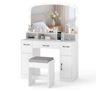 COSTWAY Tocador de Maquillaje con Luz y Espejo, Estación de Carga, Tocador de Maquillaje con Taburete y 3 Colores de Luz, 3 Cajones, 2 Armarios, Dressing Table Dormitorio, 108 x 40 x 149 cm (Blanco)