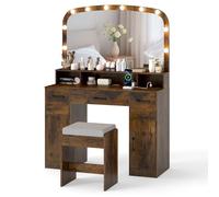 COSTWAY Tocador de Maquillaje con Luz y Espejo, Estación de Carga, Tocador de Maquillaje con Taburete y 3 Colores de Luz, 3 Cajones, 2 Armarios, Dressing Table Dormitorio, 108 x 40 x 149 cm (café)