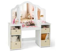 COSTWAY Tocador de Maquillaje Niña, 2 en 1 Mesa de Maquillaje con Espejo Plegable y Extraíble, Compartimentos Abiertos, Mesa Tocador Infantil de Madera (Blanco, con cajones)