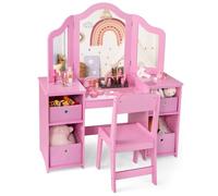 COSTWAY Tocador de Maquillaje Niña con Silla, 2 en 1 Mesa de Maquillaje con Espejo Plegable y Removible, 4 Contenedores de Almacenamiento, Mesa Tocador Infantil de Madera (Rosa, con cajones)