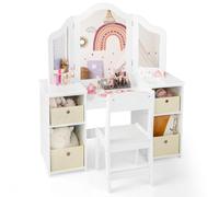 COSTWAY Tocador de Maquillaje Niña con Silla, 2 en 1 Mesa de Maquillaje con Espejo Plegable y Removible, 4 Contenedores de Almacenamiento, Mesa Tocador Infantil de Madera (Blanco, con cajones)
