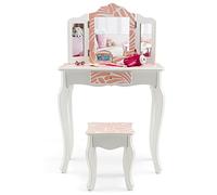 COSTWAY Tocador de Maquillaje Niña con Taburete, 2 en 1 Tocador Infantil de Madera con Espejo Tríptico Extraíble y Cajón, Juego de Mesa de Princesa con Escritorio Desmontable (Rosa,Cebra)