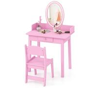 COSTWAY Tocador de Maquillaje Niña con Taburete, Espejo Iluminado con Iluminación LED de 2 Colores, Organizador de Joyas y Cajón, Juego de Mesa de Tocador Princesa para Niñas (Rosa)