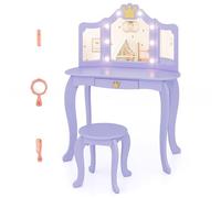 COSTWAY Tocador de Maquillaje Niña con Taburete y Espejo, 2 en 1 Escritorio Madera Niña con Cajón, Espejo de 3 Sectores, 80x42x106cm, Tocador Infantil Niña de +3 Años (Morado, con Luces)