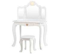 COSTWAY Tocador de Maquillaje Niña con Taburete y Espejo, Escritorio Madera 2 en 1 con Cajón, Espejo de 3 Sectores, 80x42x105cm, para Niñas +3 Años (Blanco)