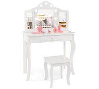 COSTWAY Tocador de Maquillaje para Niña con Taburete, Juego de Maquillaje Princesa 2 en 1 con Espejo Triple Plegable de Vidrio y Cajón para Niñas,Juego de Mesa y Silla (Blanco)