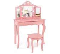COSTWAY Tocador de Maquillaje para Niña con Taburete, Juego de Maquillaje Princesa 2 en 1 con Espejo Triple Plegable de Vidrio y Cajón para Niñas, Juego de Mesa y Silla (Rosa)