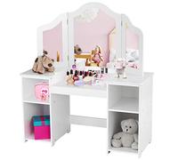 COSTWAY Tocador para Niñas con Compartimentos Abiertos Escritorio con Espejo Extraíble Mueble de MDF Estantería para Libro Juguete Almacenameitno (Blanco)