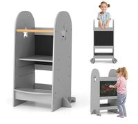 COSTWAY Torre de Aprendizaje 3 en 1 para niños, Taburete con 3 Alturas Ajustables y Tablero de Doble Cara, Taburete Montessori, Silla de Aprendizaje para niños, 90 kg de Carga, Color Gris