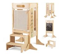 COSTWAY Torre de Aprendizaje Montessori Plegable, Taburete Auxiliar de Cocina de Madera con Escalera de 2 Peldaños, Red de Seguridad y Pizarra, Torre de Observación para Niños de 3+ Años