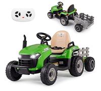 COSTWAY Tractor Eléctrico para Niños 24V, Coche Eléctrico para Niños con Remolque Desmontable, Control Remoto, Claxon, Música, Conexión Inalámbrica y Faros LED, Coche Batería para Niños (Verde)