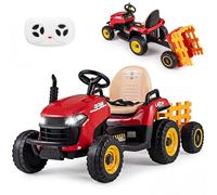 COSTWAY Tractor Eléctrico para Niños 24V, Coche Eléctrico para Niños con Remolque Desmontable, Control Remoto, Claxon, Música, Conexión Inalámbrica y Faros LED, Coche Batería para Niños (Rojo)