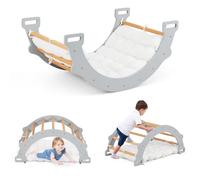 COSTWAY Triángulo de Escalada 2 en 1 con Cojín Suave, Arco de Escalada de Doble Cara, Juguete de Escalada y Balancín de Madera para Niños de 1 + Años para Jardines de Infantes (Gris)