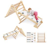 COSTWAY Triángulo de Escalada Ajustable 3 en 1, Juguetes de Escalada Montessori para Niños con Rampas de Doble Lado, Escalador de Madera Plegable para Niños de 3+ Años