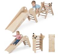 COSTWAY Triángulo de Escalada Interior, Estructura de Escalada Montessori de Madera con Tema de Panda,Gimnasio en Interiores con Tobogán, Rampa, Escalera y Bloques de Dibujos Animados (Natural)