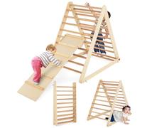 COSTWAY Triángulo de Escalada Plegable con Escalera de Madera, triángulo para desarrollar Habilidades motoras Gruesas, para niños a Partir de 3 años (Natural)