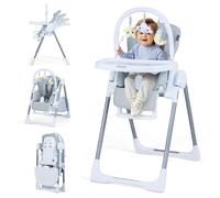COSTWAY Trona Evolutiva Bebe, Trona Plegable para Bebés, Silla Alta Evolutiva con Altura Ajustable, Respaldo Reclinable, Reposapiés, Arnés de Seguridad, Doble Bandeja, Ruedas (Gris Claro)