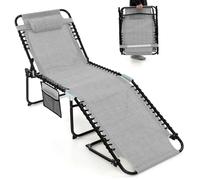 COSTWAY Tumbona Jardin Exterior, Tumbona Plegable con Respaldo Reclinable de 4 Posiciones, Bolsillo Lateral y Reposacabezas Desmontable, Tumbona Teclinable Playa Piscina, 188 x 59 x 41cm (Gris)