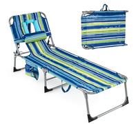 COSTWAY Tumbona Plegable, Agujeros para Cara y Brazos, Tumbona Reclinable con Respaldo Ajustable de 5 Niveles, Bolsillos y Almohada, Espreguiçadeira Jardim Playa Piscina, Carga 150kg (Marino Raya)