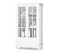 COSTWAY Vitrinas para Salon, Libreria con Puertas de Vidrio Templado, 3 Estantes Ajustables, 1 Cajón, Aparador Salon Cocina Oficina, Blanco, 80 x 40 x 139 cm
